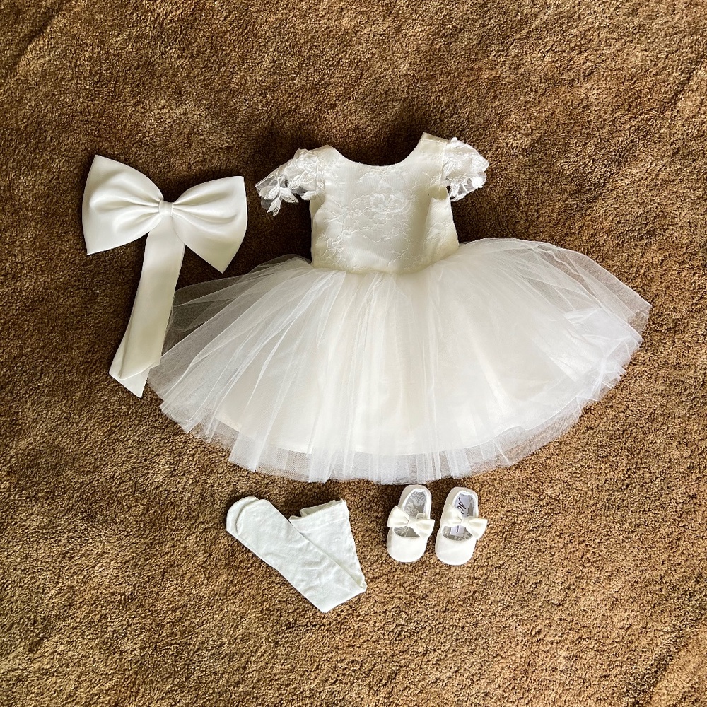 Beautiful ivory flower girl dress with shoes